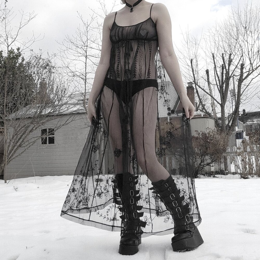 ❝ Victoria's Secret empire waist black mesh maxi length lingerie dress .❀ ݁ ˖ ❞